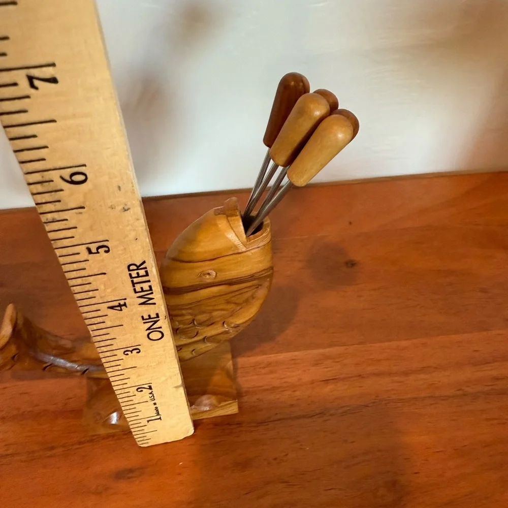 Wooden Whale fish Holder cocktail hors serving fork picker set‎ of 5